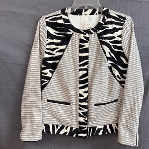 CHICOS Jacket Women's Size 0 Cream Snap Button Up Zebra Black Stripe